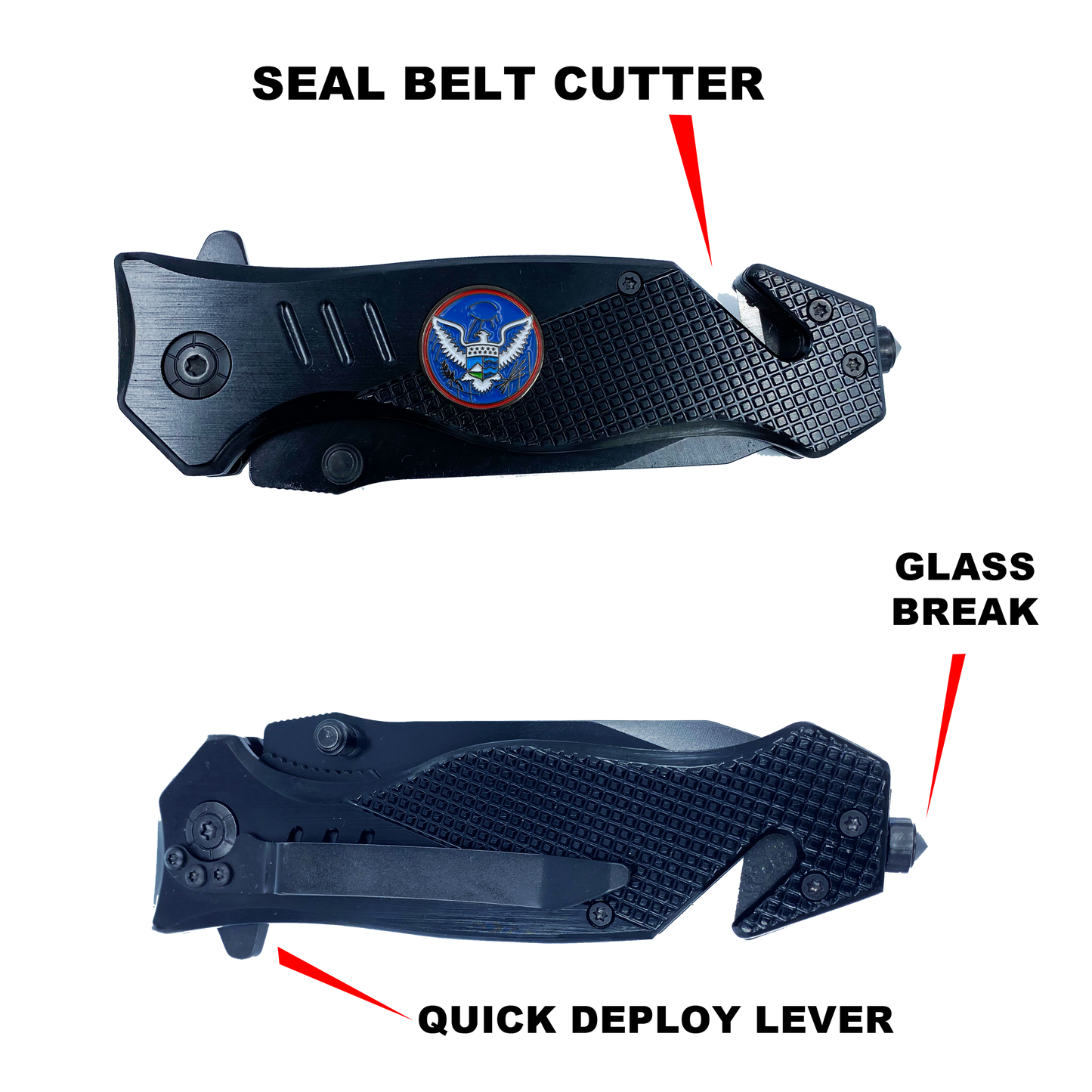 CBP Field Operations collectible Officer 3-in-1 Police Tactical Rescue knife tool for Field Operations with Seatbelt Cutter, Steel Serrated Blade, Glass Breaker OPS
