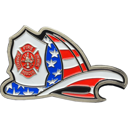 BL15-016 Maltese Cross Fire Department Helmet Bottle Opener Thin Red Line Flag Challenge Coin Fire Fighter