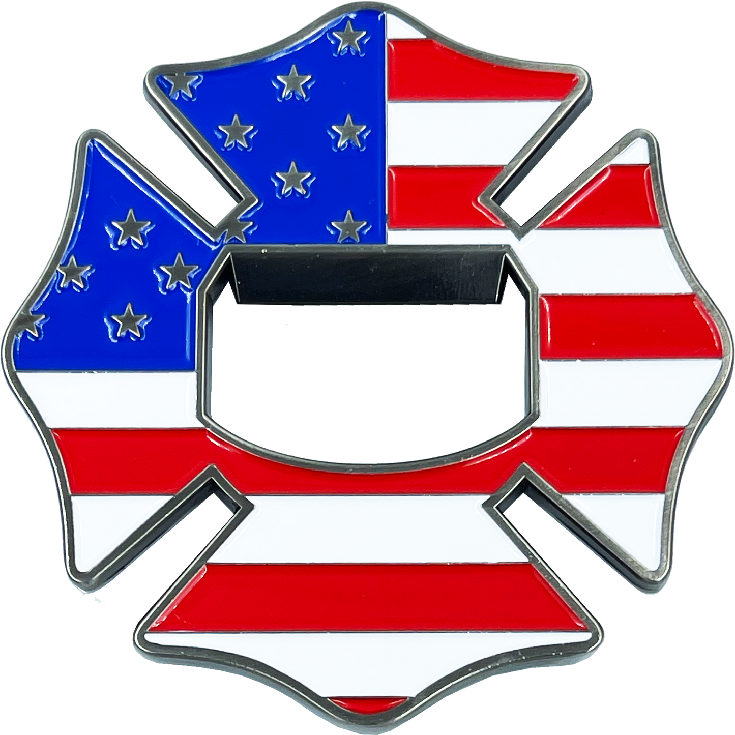 BL14-016 Maltese Cross Fire Department Bottle Opener American Flag Challenge Coin Fire Fighter