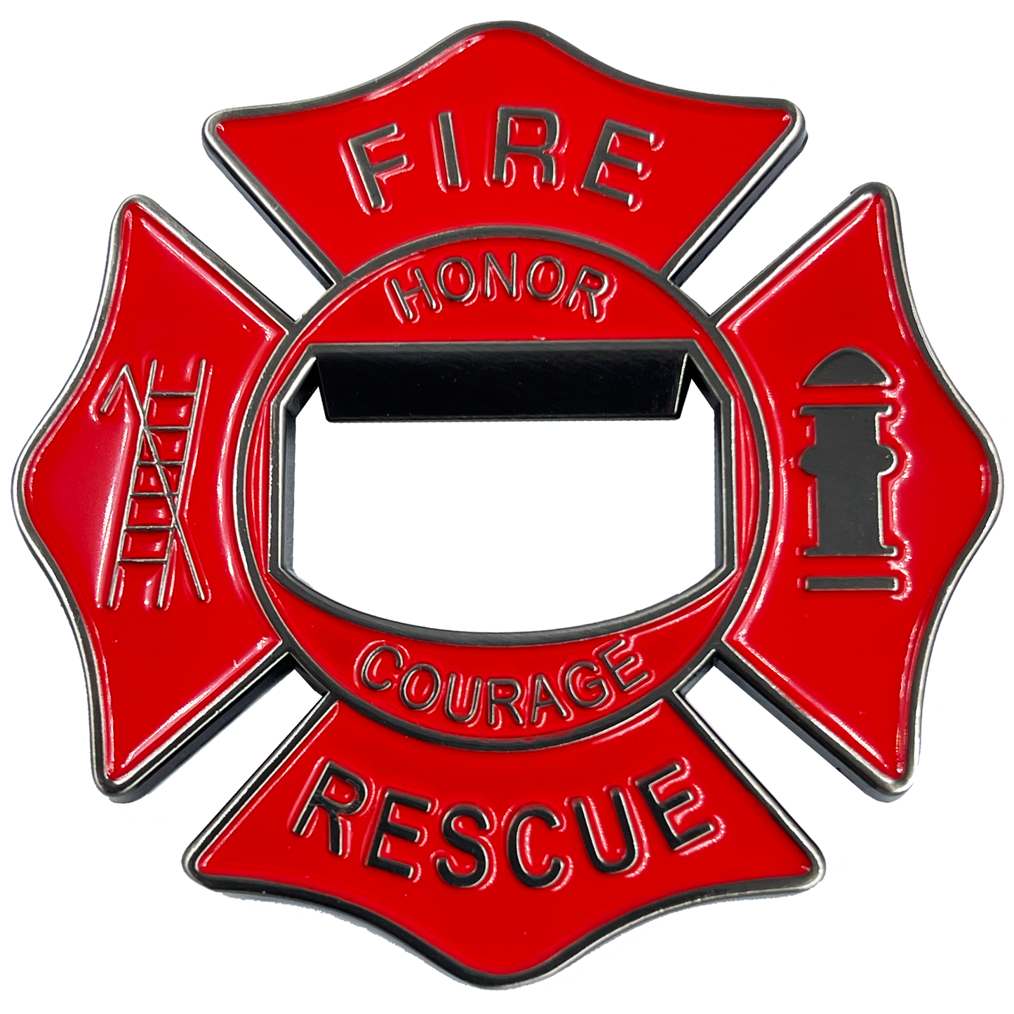 BL14-016 Maltese Cross Fire Department Bottle Opener American Flag Challenge Coin Fire Fighter