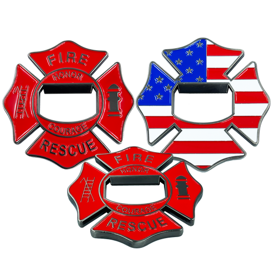 BL14-016 Maltese Cross Fire Department Bottle Opener American Flag Challenge Coin Fire Fighter