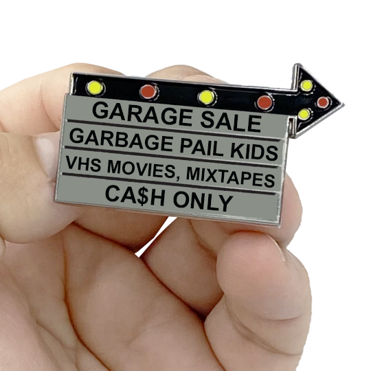 discontinued EL2-005 Billboard Pin: GARAGE SALE Garbage Pail Kids, VHS Movies, Mixtapes, CA$H ONLY