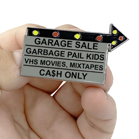 discontinued EL2-005 Billboard Pin: GARAGE SALE Garbage Pail Kids, VHS Movies, Mixtapes, CA$H ONLY