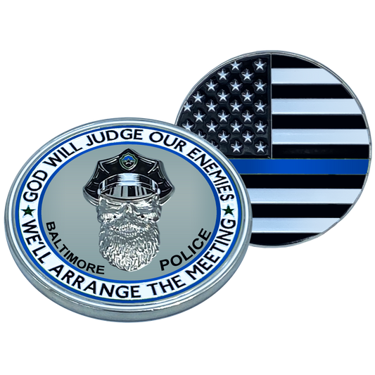 EL1-006 Thin Blue Line Baltimore Police God Will Judge BEARD GANG SKULL Challenge Coin City of Police Department BPD Maryland Back the Blue