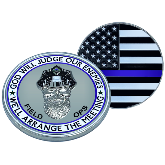 EL1-016 Thin Blue Line CBP FIELD OPERATIONS God Will Judge BEARD GANG SKULL Challenge Coin Field Ops Back the Blue