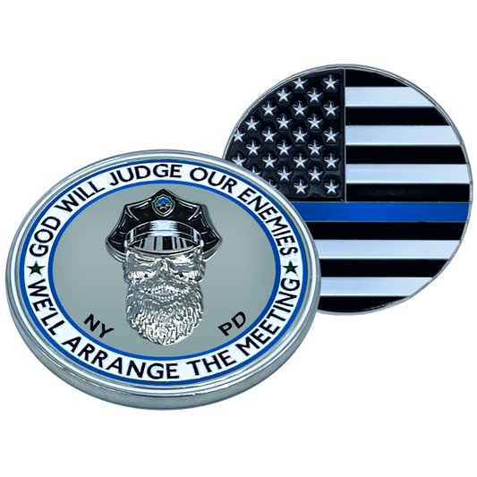 EL1-003 Thin Blue Line NYPD God Will Judge BEARD GANG SKULL Challenge Coin New York City Police Department Back the Blue