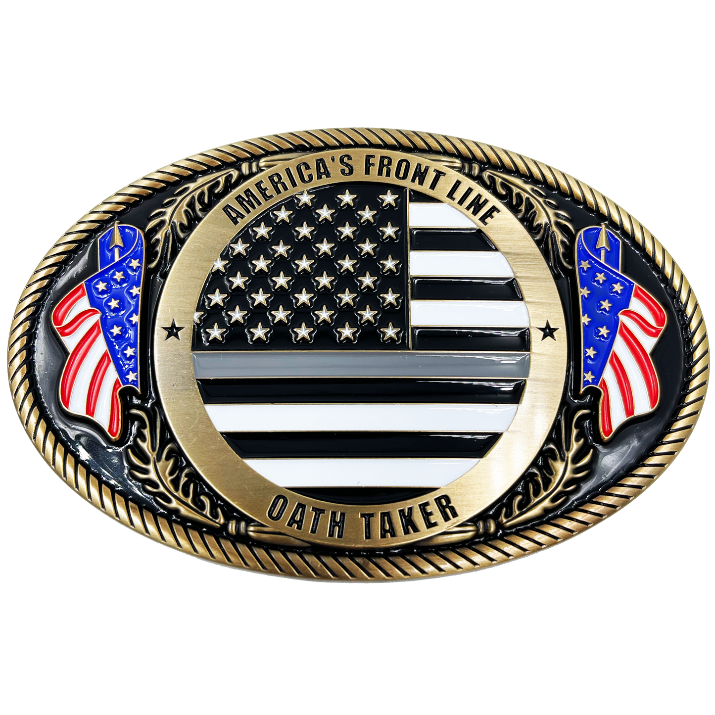 EL4-007 Correctional Officer Antique Gold Thin Gray Line CO Police American Flag Corrections Belt Buckle America's Front Line Oath Taker