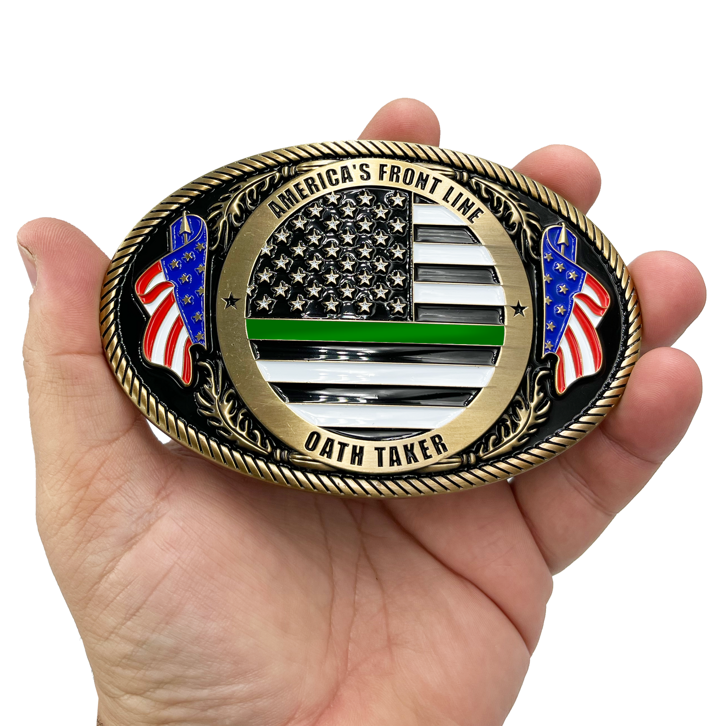 EL3-006 Border Patrol Agent Deputy Sheriff Army Marines CBP Police Officer Antique Gold Thin Green Line Police American Flag Belt Buckle America's Front Line Oath Taker BPA Border Patrol Agent