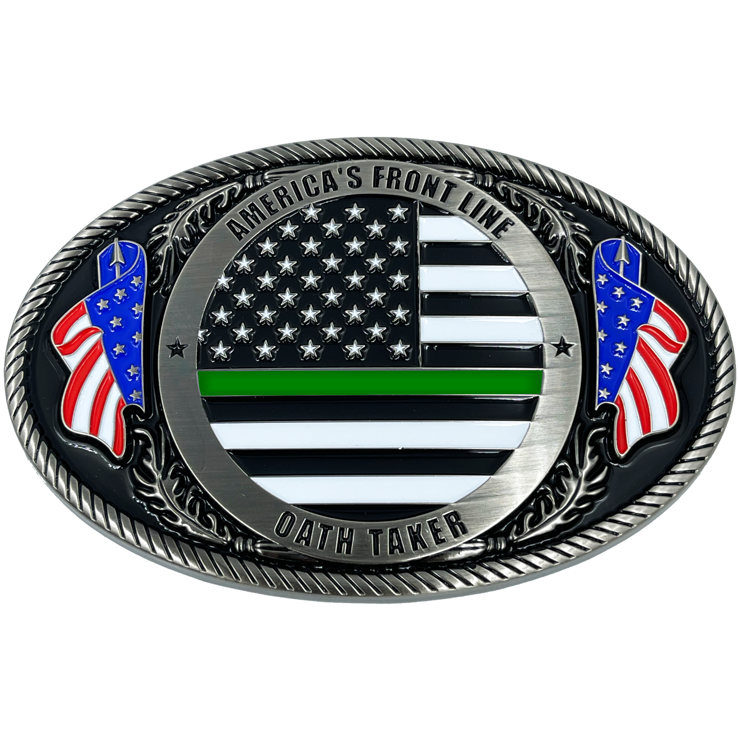 EL3-007 Border Patrol Agent Deputy Sheriff Army Marines CBP Police Officer Antique Nickel Thin Green Line Police American Flag Belt Buckle America's Front Line Oath Taker BPA Border Patrol Agent