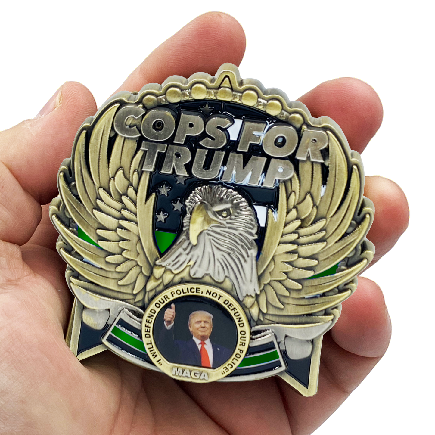 EL5-016 COPS for TRUMP 45th President Donald J. Trump MAGA CBP BORDER PATROL AGENT Deputy Sheriff BPA Thin GREEN Line Mount Rushmore St. Michael White House American Flag