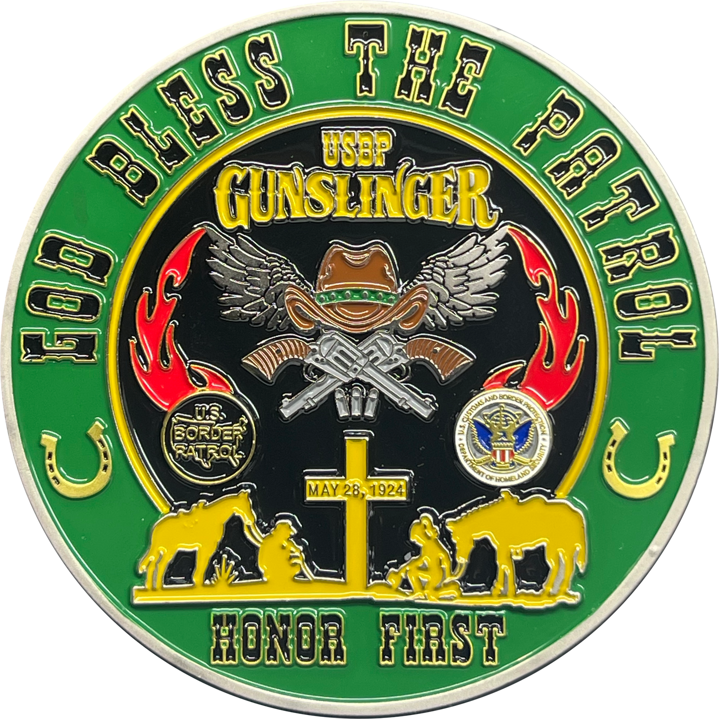 discontinued BL16-008 CBP Border Patrol Agent God's Work Gun Slinger Honor First Challenge Coin Horse Patrol