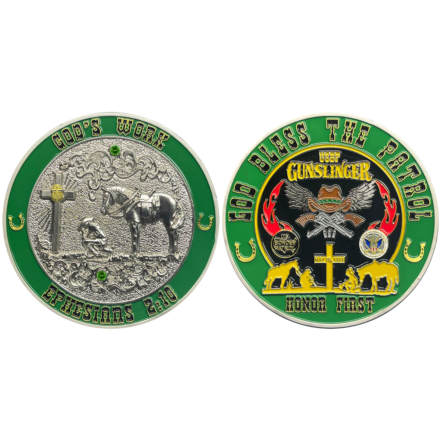 discontinued BL16-008 CBP Border Patrol Agent God's Work Gun Slinger Honor First Challenge Coin Horse Patrol