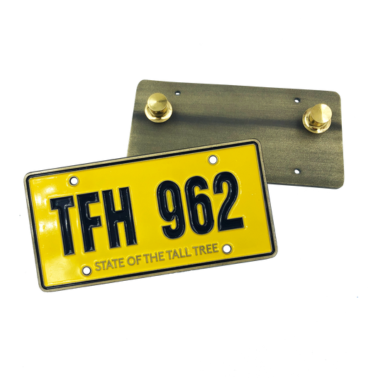 FF-019 Goonies Fratelli's License Plate Medallion Pin with dual pin backs Jeep Cherokee TFH 962