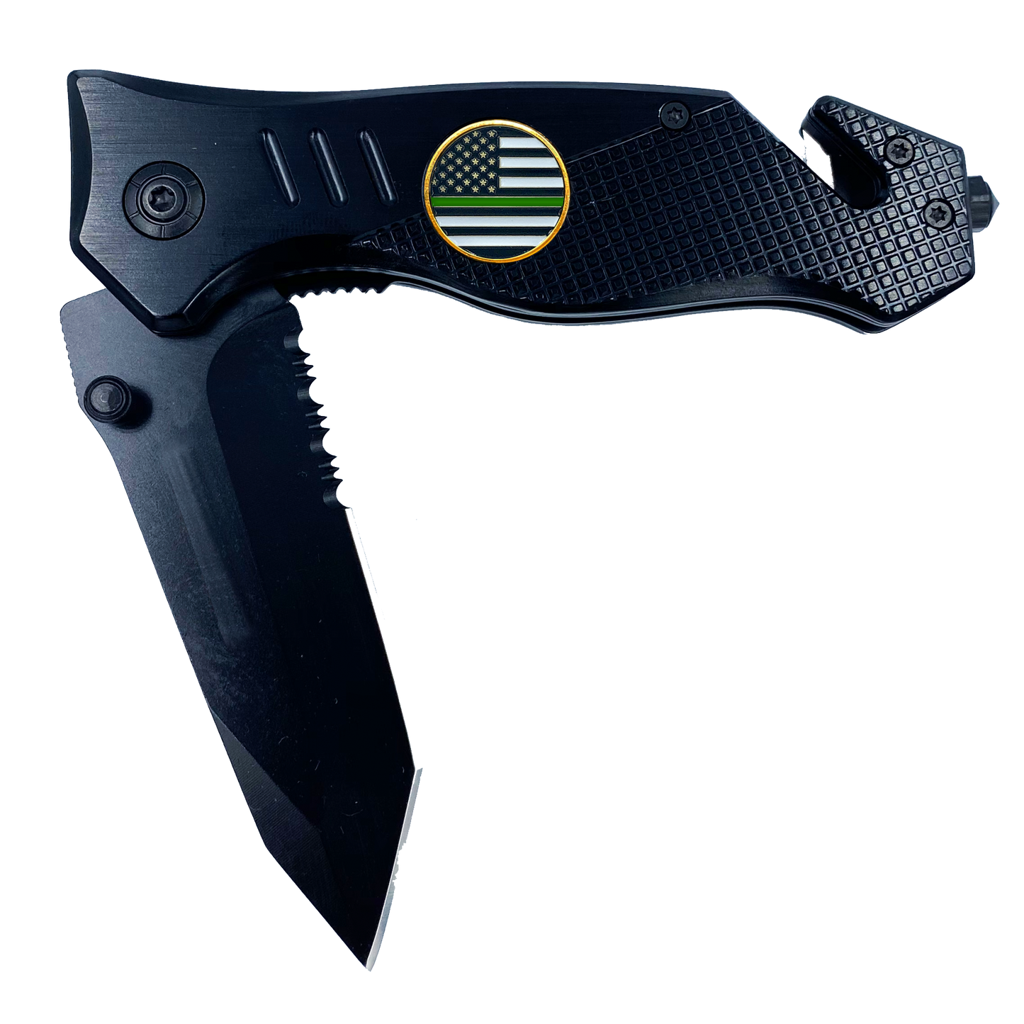 Thin Green Line Police collectible 3-in-1 Tactical Officer Rescue knife tool with Seatbelt Cutter, Steel Serrated Blade, Glass Breaker Border Patrol Army Marines Deputy Sheriff BPA CBP
