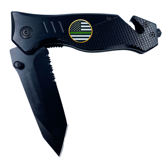 Thin Green Line Police collectible 3-in-1 Tactical Officer Rescue knife tool with Seatbelt Cutter, Steel Serrated Blade, Glass Breaker Border Patrol Army Marines Deputy Sheriff BPA CBP