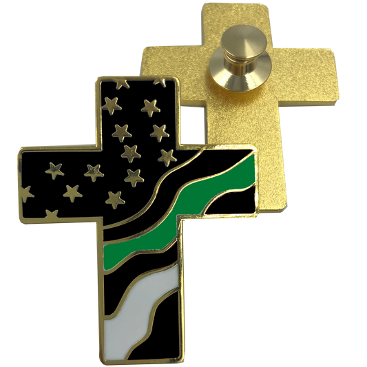 Thin Green Line American Flag Cross USA Lapel pin Cloisonné Police Sheriff CBP Border Patrol