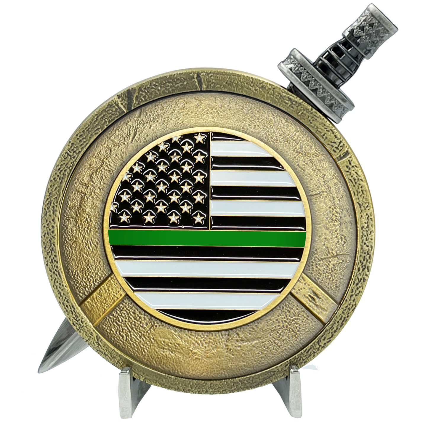 EL5-018 Thin Green Line Border Patrol CBP BPA Warrior Gladiator Shield with removable Sword Challenge Coin Set Deputy Sheriff Marines Army