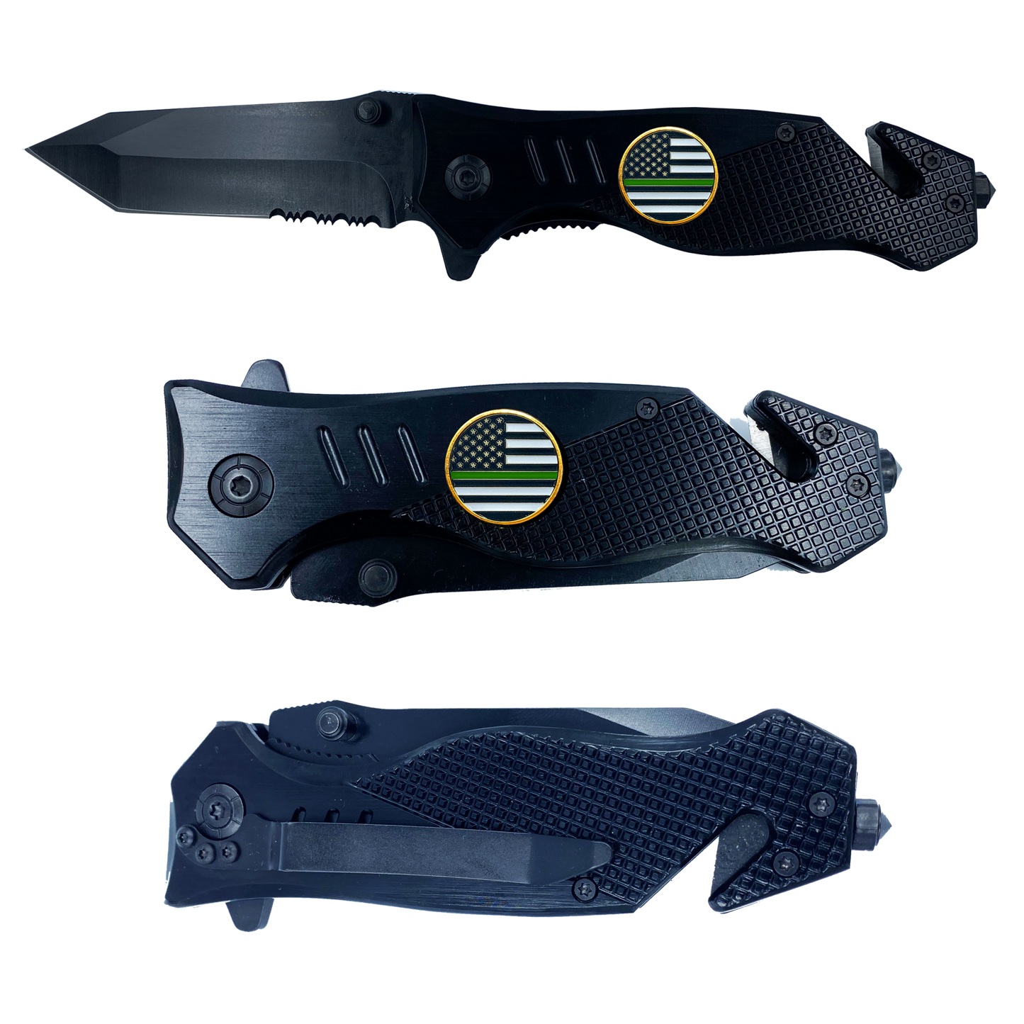 Thin Green Line Police collectible 3-in-1 Tactical Officer Rescue knife tool with Seatbelt Cutter, Steel Serrated Blade, Glass Breaker Border Patrol Army Marines Deputy Sheriff BPA CBP