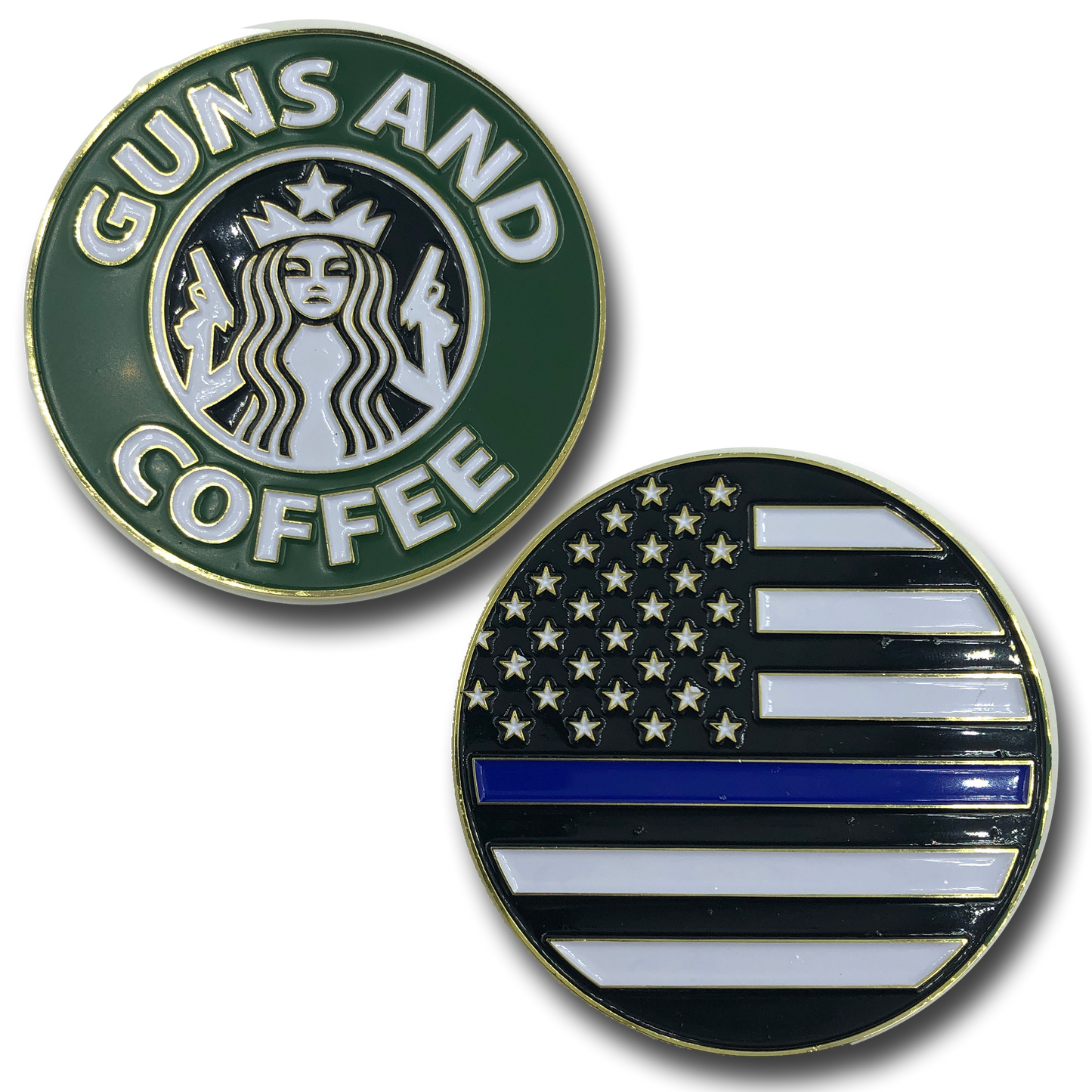 J-008 Thin Blue Line Guns and Coffee Challenge Coin Police NYPD CBP FBI ATF Law Enforcement