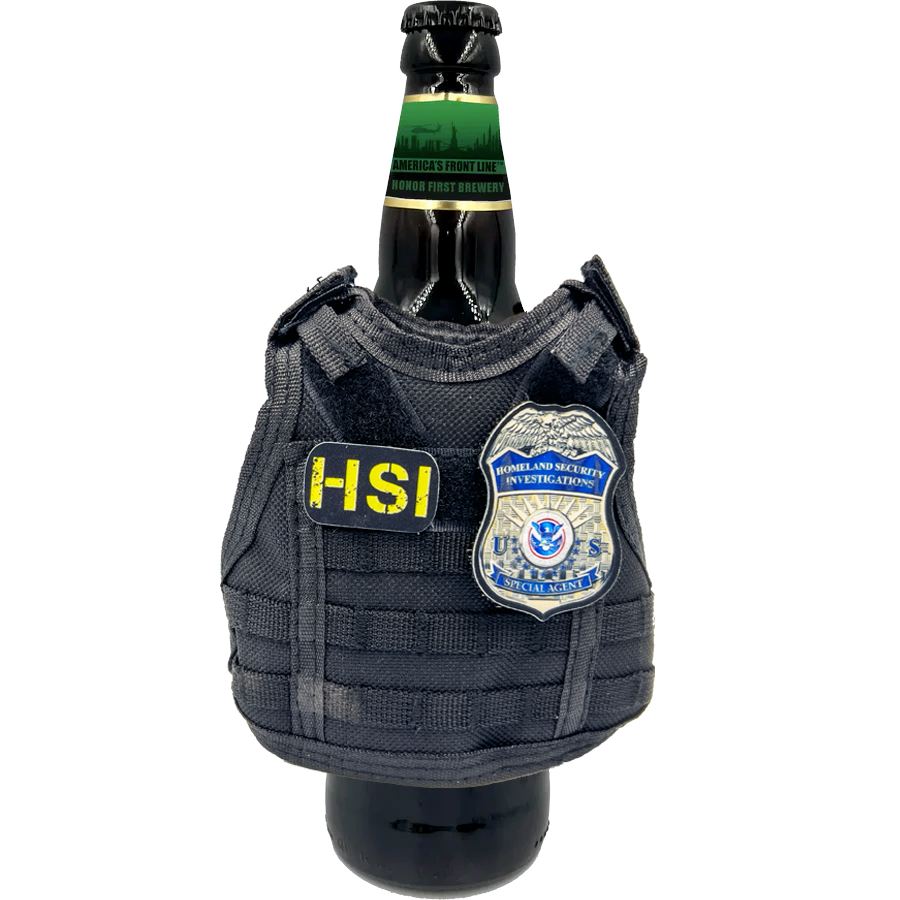BL2-013 HSI SPECIAL AGENT Tactical Beverage Bottle or Can Cooler Vest with removable patches perfect gift for Challenge Coin collectors