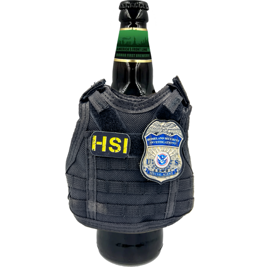 BL2-013 HSI SPECIAL AGENT Tactical Beverage Bottle or Can Cooler Vest with removable patches perfect gift for Challenge Coin collectors