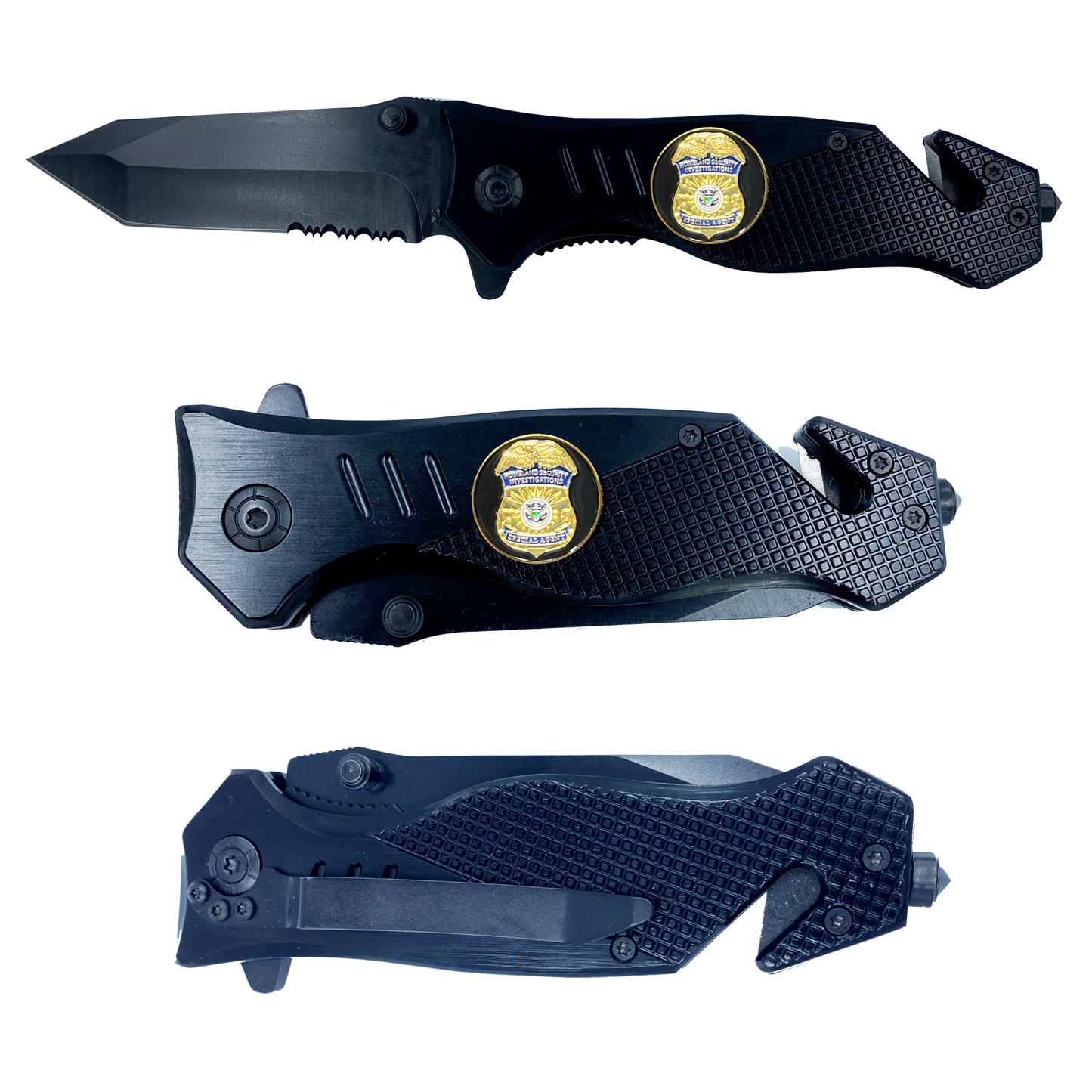 HSI Special Agent collectible 3-in-1 Police Tactical Rescue knife tool with Seatbelt Cutter, Steel Serrated Blade, Glass Breaker