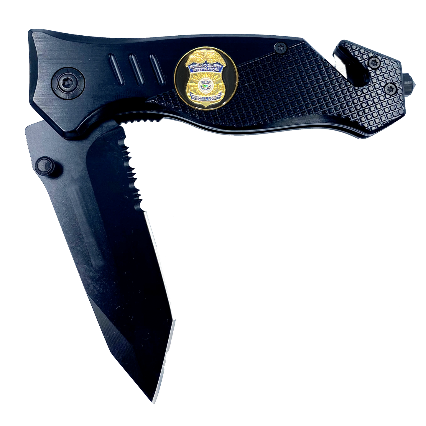 HSI Special Agent collectible 3-in-1 Police Tactical Rescue knife tool with Seatbelt Cutter, Steel Serrated Blade, Glass Breaker