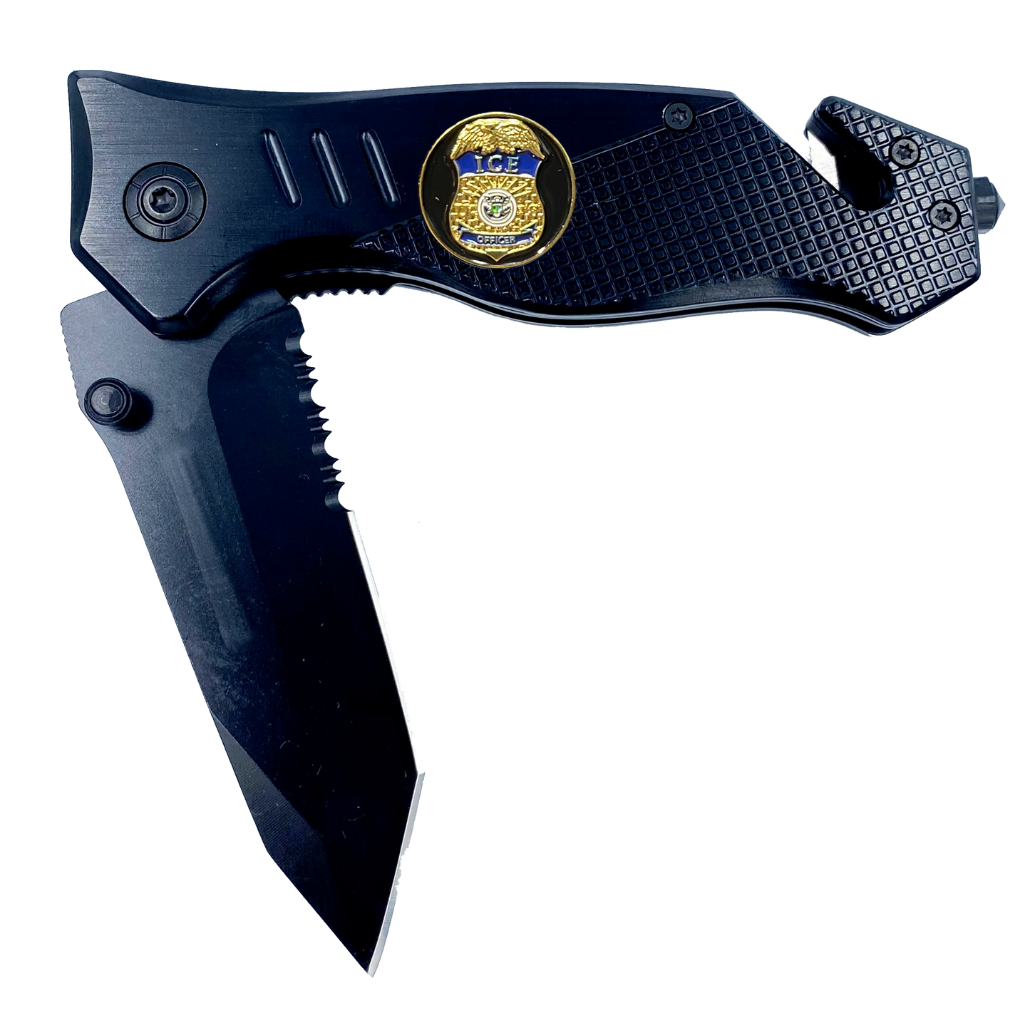 ICE officer collectible 3-in-1 Police Tactical Rescue knife tool with Seatbelt Cutter, Steel Serrated Blade, Glass Breaker