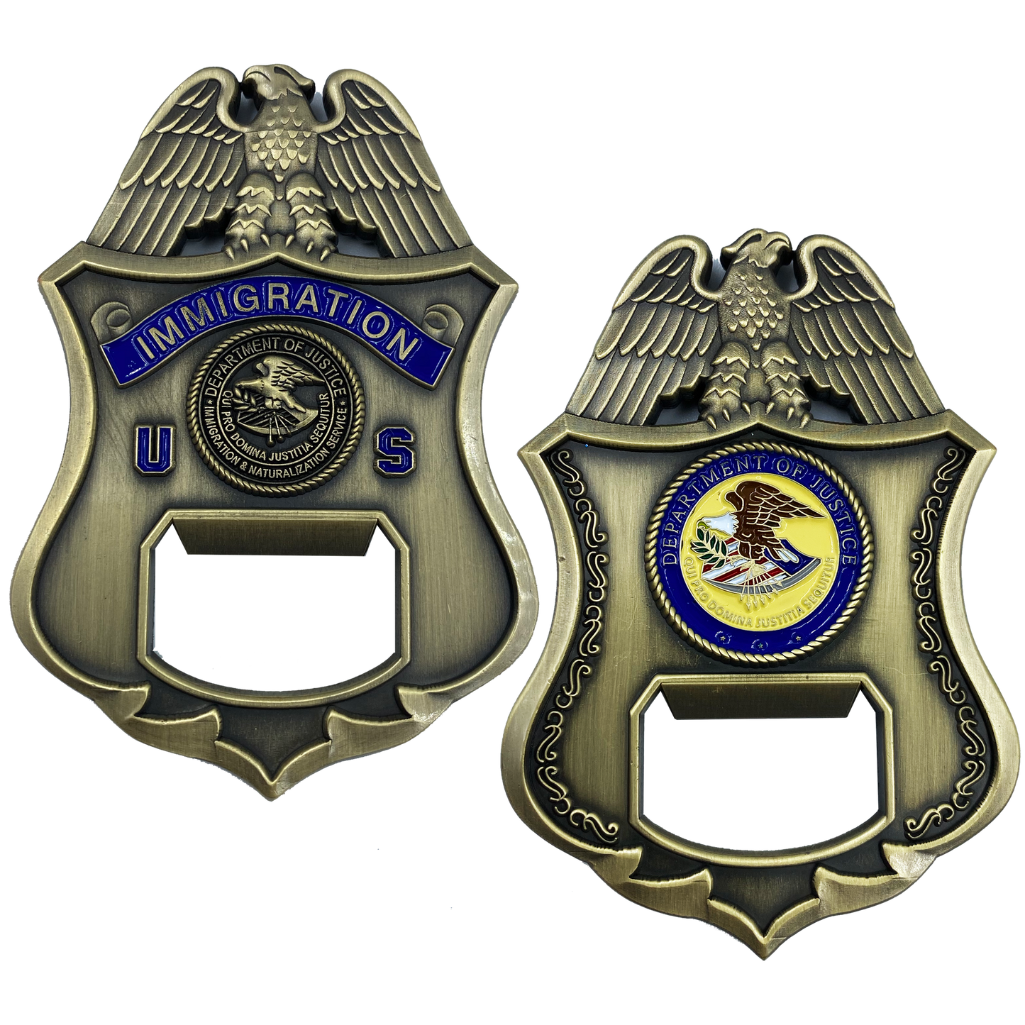 discontinued DL3-04 INS Challenge Coin Bottle Opener Legacy Immigration Inspector Special Agent DOJ not CBP