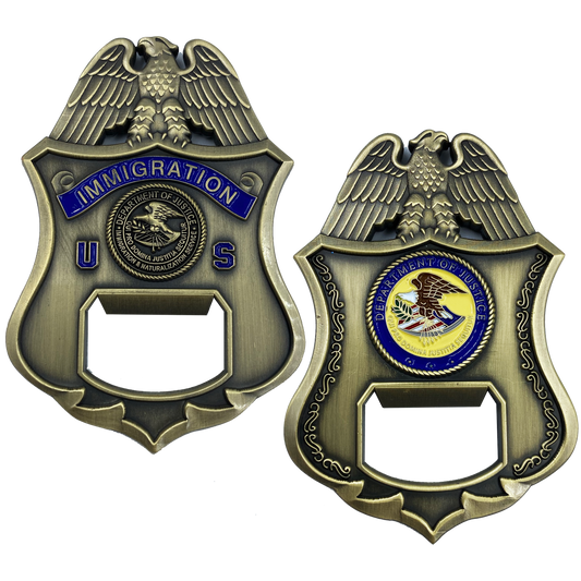 discontinued DL3-04 INS Challenge Coin Bottle Opener Legacy Immigration Inspector Special Agent DOJ not CBP