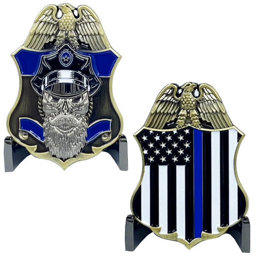 J-003 Thin Blue Line Police Challenge Coin Beard Gang Skull Back the Blue CBP TSA DEA ATF LAPD NYPD CPD