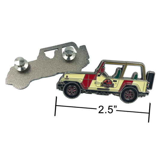 discontinued EE-009 Jurassic Park inspired Jeep pin (2.5 inch with 2 pin posts and spring loaded clasps)