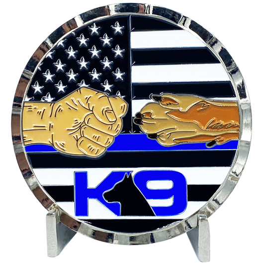 E-009 K9 Police Thin Blue Line Challenge Coin Fist Paw Bump