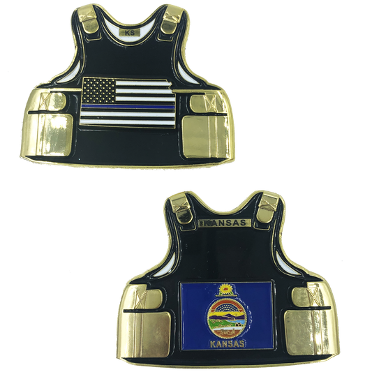 B-011 Kansas LEO Thin Blue Line Police Body Armor State Flag Challenge Coins