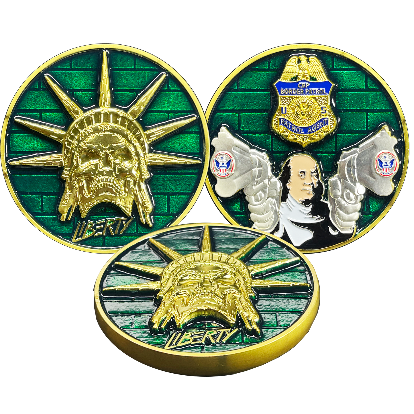 BL17-001 Skull Statue of Liberty Benjamin Franklin Revolvers CBP Border Patrol Agent Challenge Coin
