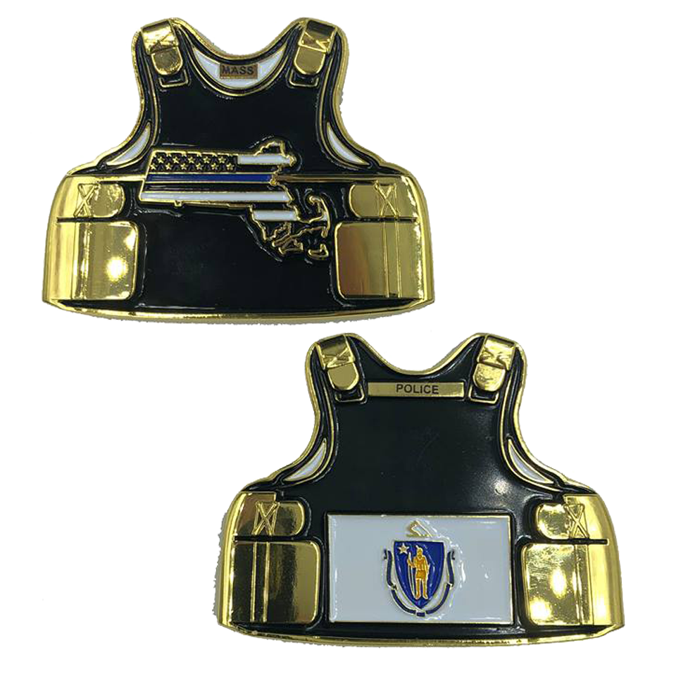 D-013 Massachusetts LEO Thin Blue Line Police Body Armor State Flag Challenge Coins
