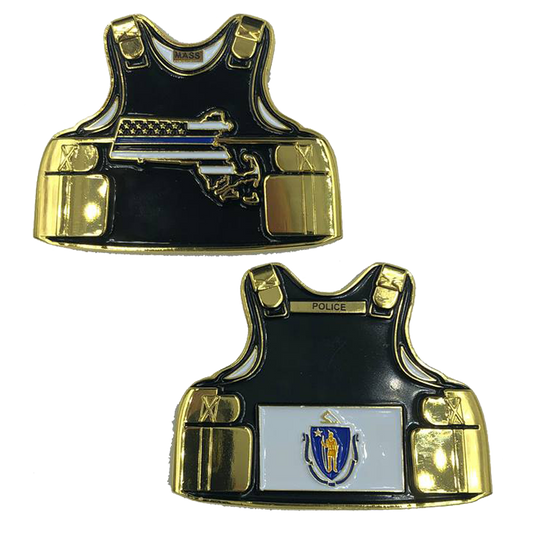 D-013 Massachusetts LEO Thin Blue Line Police Body Armor State Flag Challenge Coins