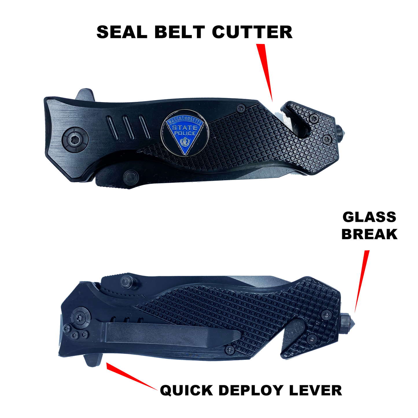 Massachusetts State Police Trooper collectible Officer 3-in-1 Police Tactical Rescue knife tool with Seatbelt Cutter, Steel Serrated Blade, Glass Breaker MSP