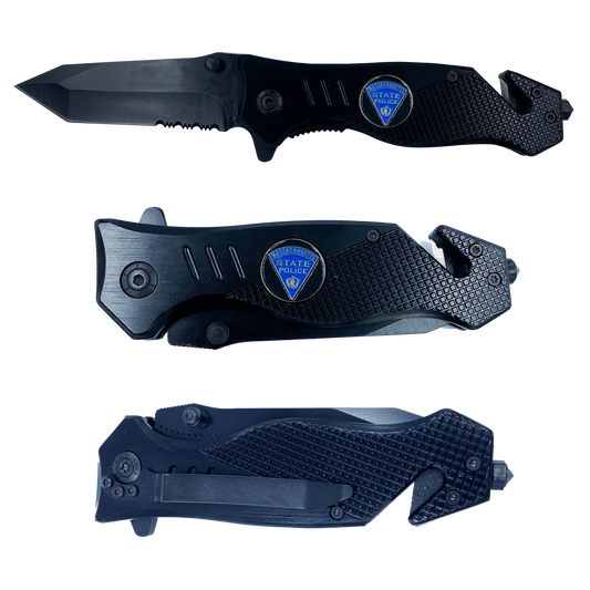 Massachusetts State Police Trooper collectible Officer 3-in-1 Police Tactical Rescue knife tool with Seatbelt Cutter, Steel Serrated Blade, Glass Breaker MSP