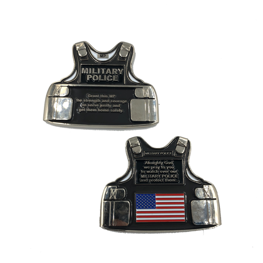 E-010 MP Body Armor Challenge Coin Military Police Marines, Army, Air Force, Coast Guard, Navy