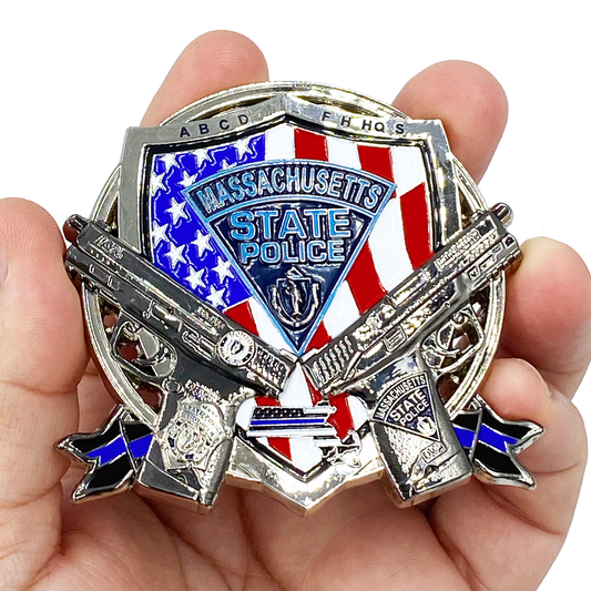 BL17-016 MSP Big Medallion Massachusetts State Police Trooper Large Challenge Coin with M&P Smith & Wesson S&W