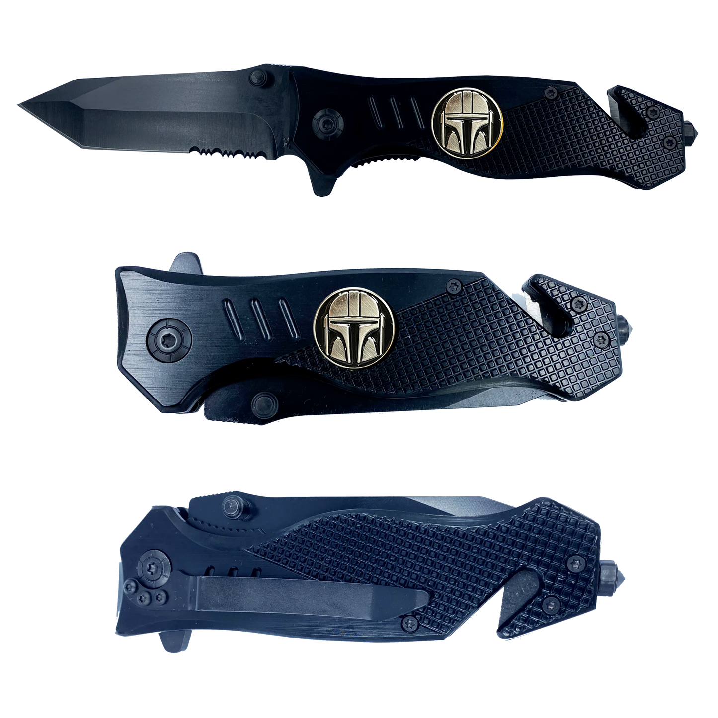 GL3-017 Mandalorian Inspired 3-in-1 Police Tactical Rescue knife tool knife Star Wars parody with Seatbelt Cutter, Steel Serrated Blade, Glass Breaker
