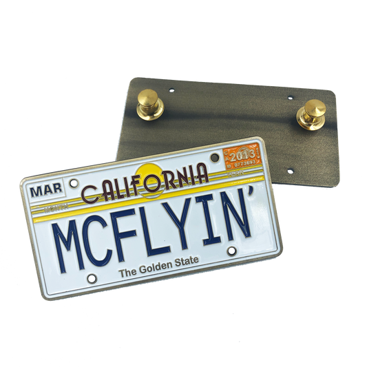 FF-018 MCFLYIN Back to the Future License Plate Medallion Pin with dual pin backs Marty MyFly OUTATIME alternative