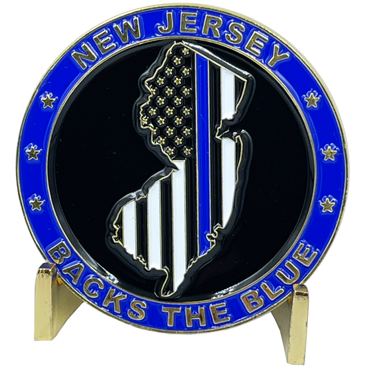 BL3-004 New Jersey NJ BACKS THE BLUE Thin Blue Line Police Challenge Coin with free matching State Flag pin back the blue Sheriff NJSP Newark trooper