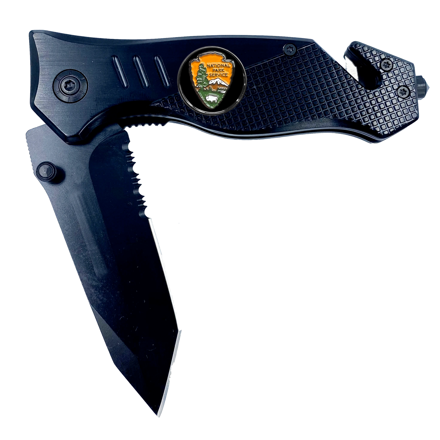 National Park Service Park Ranger NPS 3-in-1 Tactical Rescue tool knife with Seatbelt Cutter Steel Serrated Blade Glass