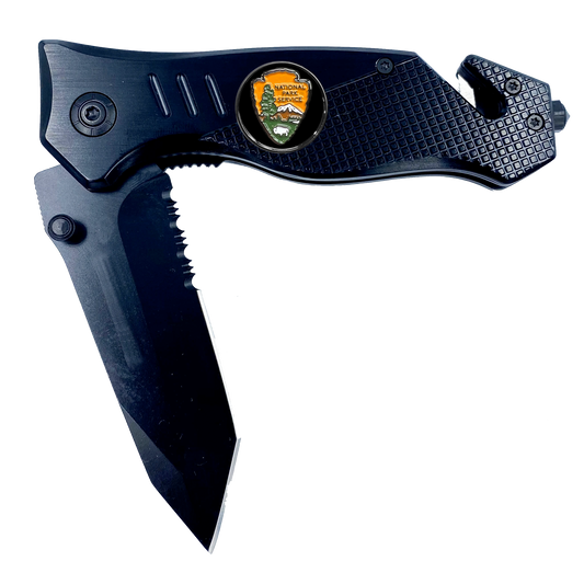 National Park Service Park Ranger NPS 3-in-1 Tactical Rescue tool knife with Seatbelt Cutter Steel Serrated Blade Glass