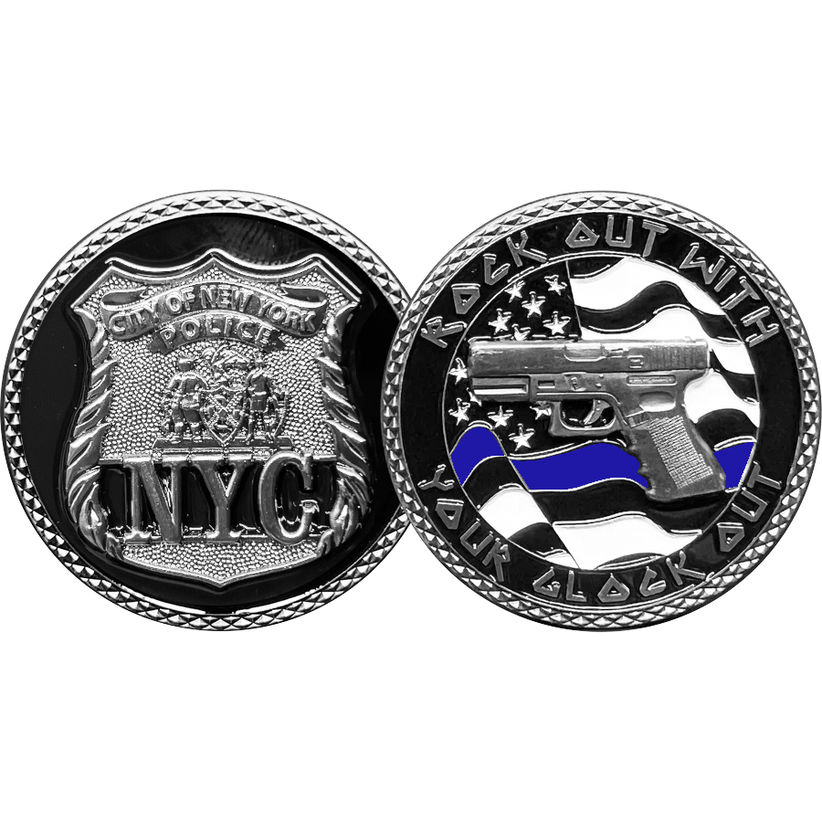 GL10-006 NYPD New York City Police Officer Rock Out Thin Blue Line Flag Challenge Coin