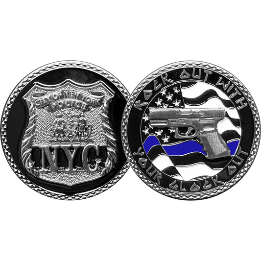 GL10-006 NYPD New York City Police Officer Rock Out Thin Blue Line Flag Challenge Coin