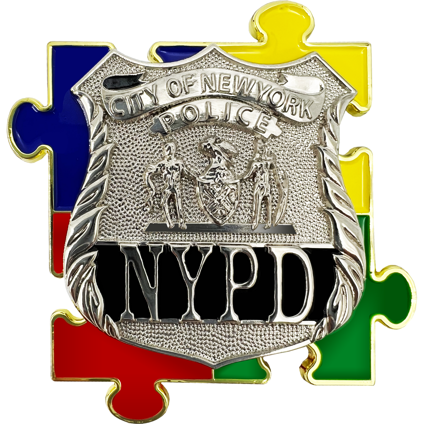 EE-022 NYPD Police Officer New York City Police Autism Awareness Month lapel pin puzzle pieces display like a challenge coin