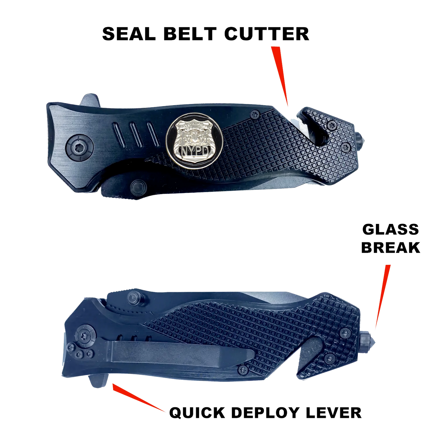 NYPD New York City Police Department Knife 3-in-1 Tactical Rescue knife tool with Seatbelt Cutter, Steel Serrated Blade, Glass